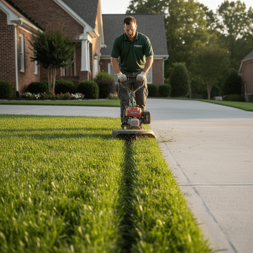 Edger creating a crisp line between lawn and driveway