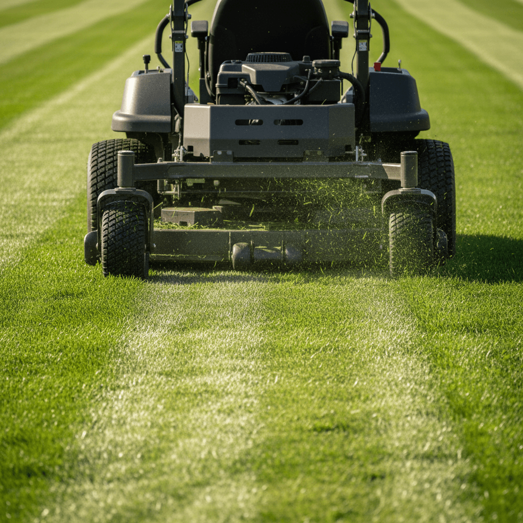 Lawn mower cutting crisp stripes into green grass