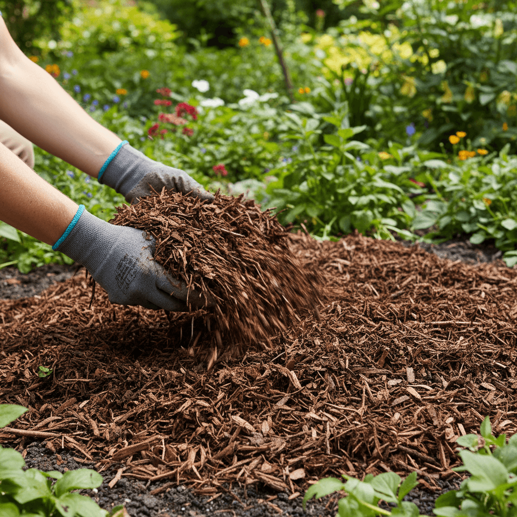 Hands spreading fresh mulch in a garden bed