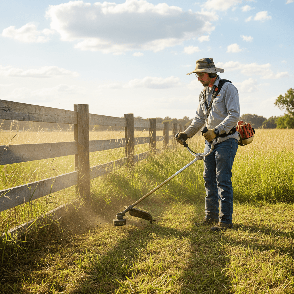 Worker weed-eating along a fence line