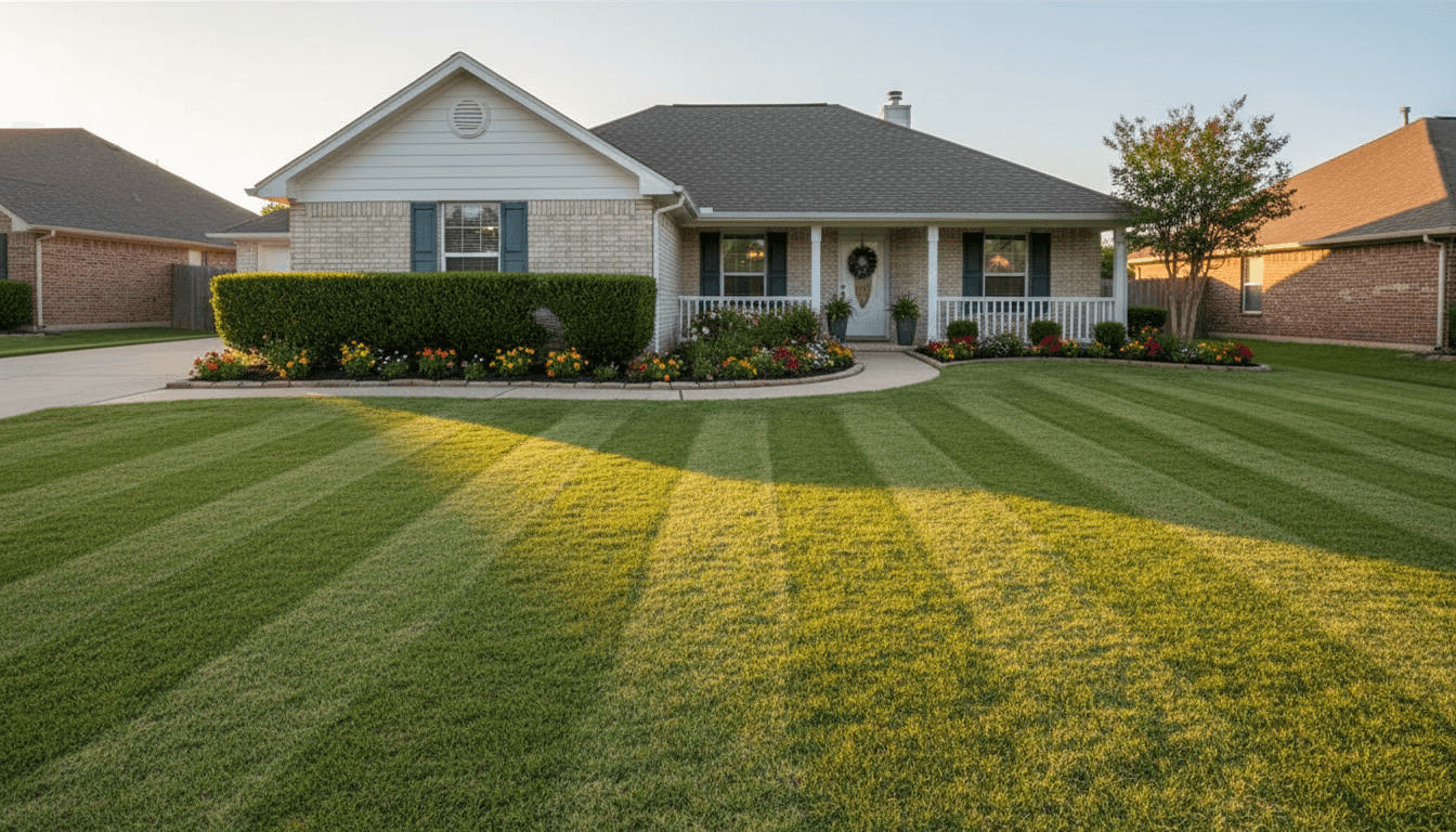 Meticulously maintained front lawn with crisp mowing stripes and manicured flowerbeds beside a suburban home