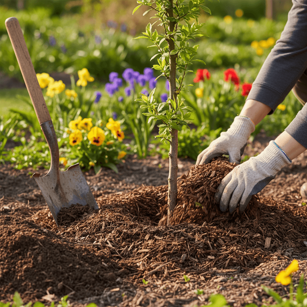 Hands spreading mulch around a tree