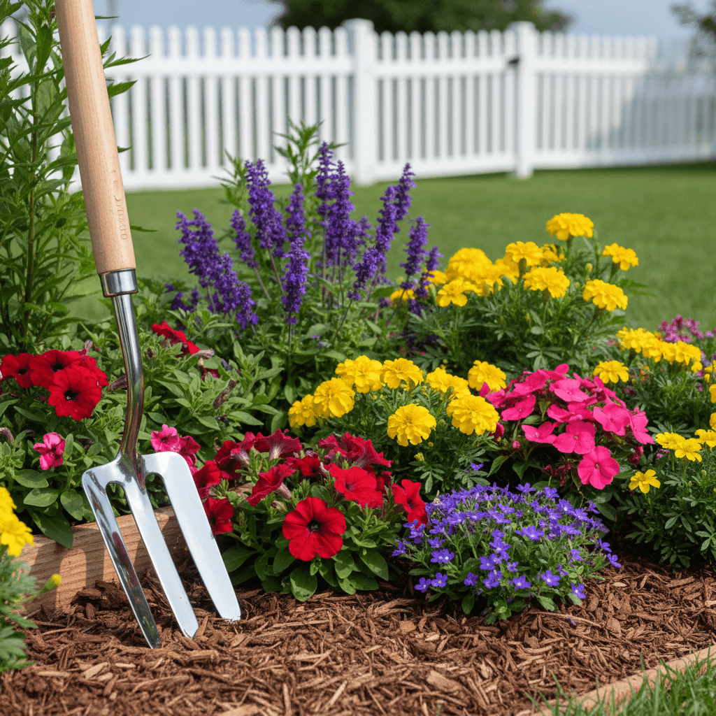 Mulched flowerbed with colorful plants