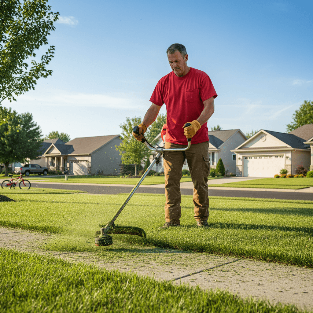 Landscaper edging the lawn