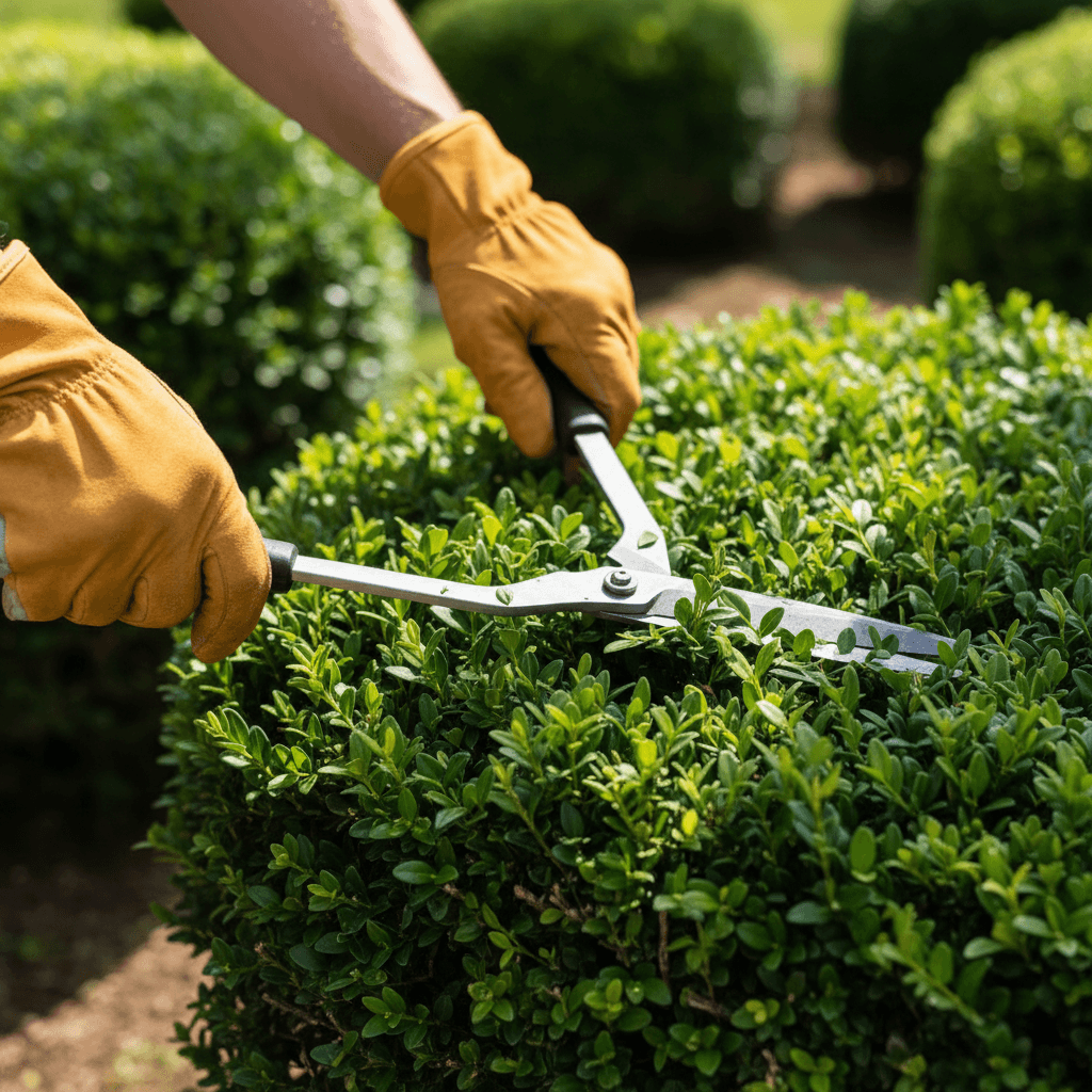 Landscaper's hands trimming green hedges with precision shears in natural sunlight, close-up detail shot